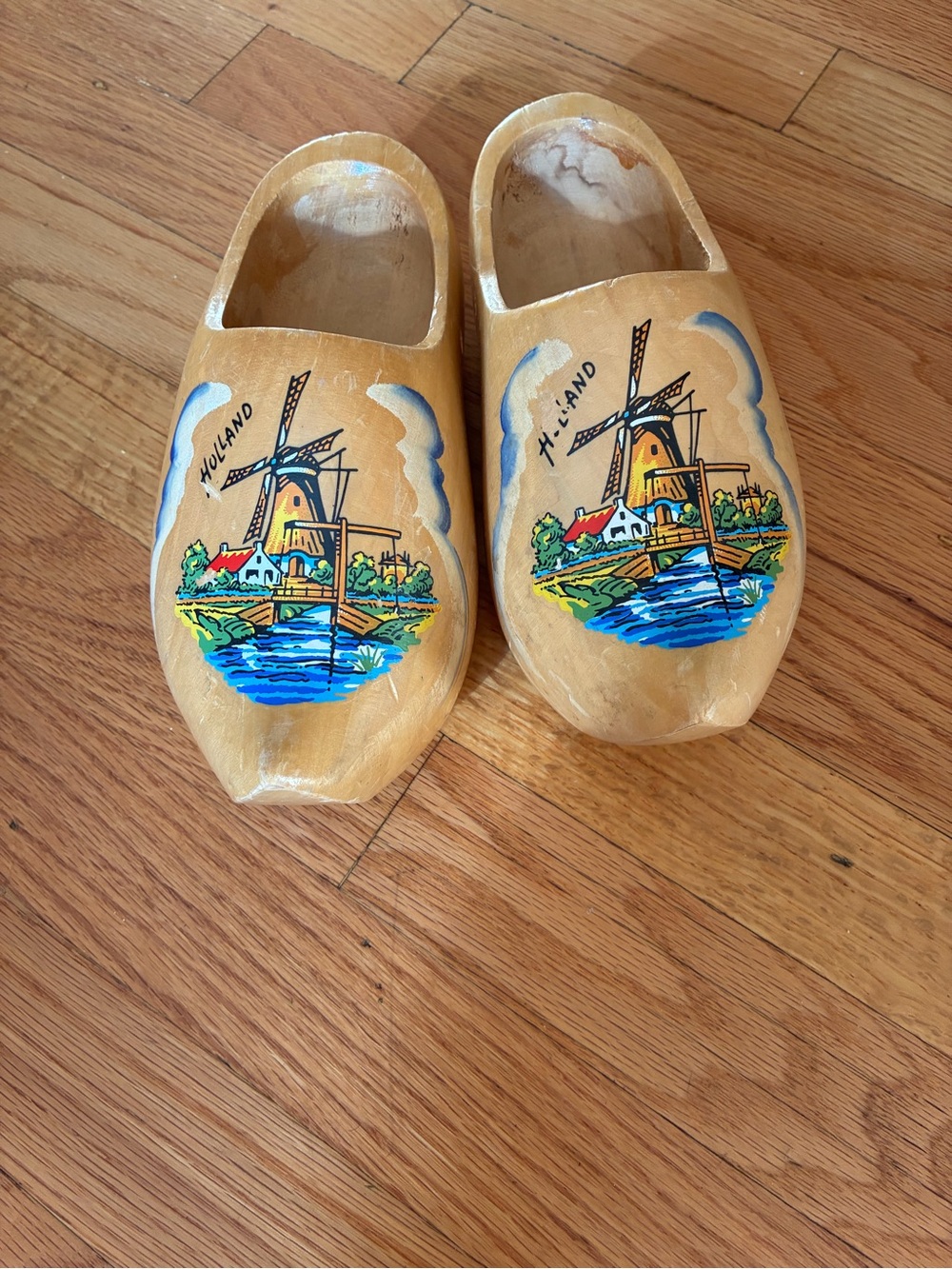 Hand-Painted Holland Wooden Clogs in Natural Wood and Blue